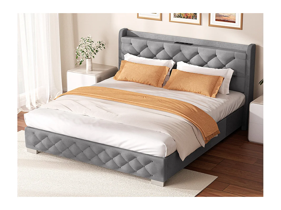 Lit 150 x 200 cm avec tête de lit capitonnée - Lit double avec tête de lit - Taupe