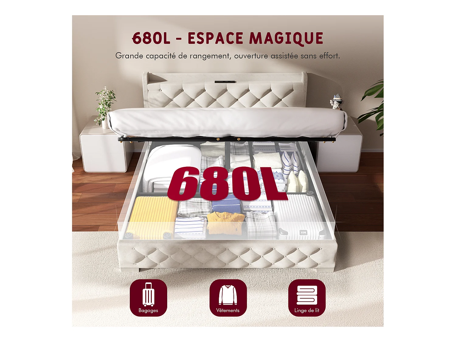 Lit 150 x 200 cm avec tête de lit capitonnée - Lit double avec tête de lit - Taupe