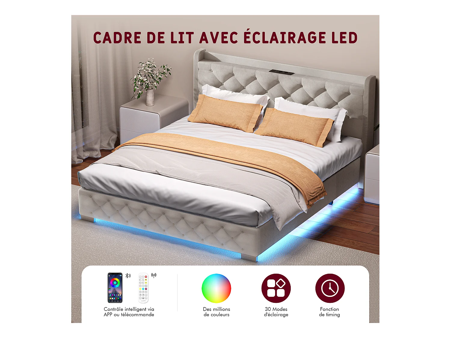 Lit 150 x 200 cm avec tête de lit capitonnée - Lit double avec tête de lit - Taupe