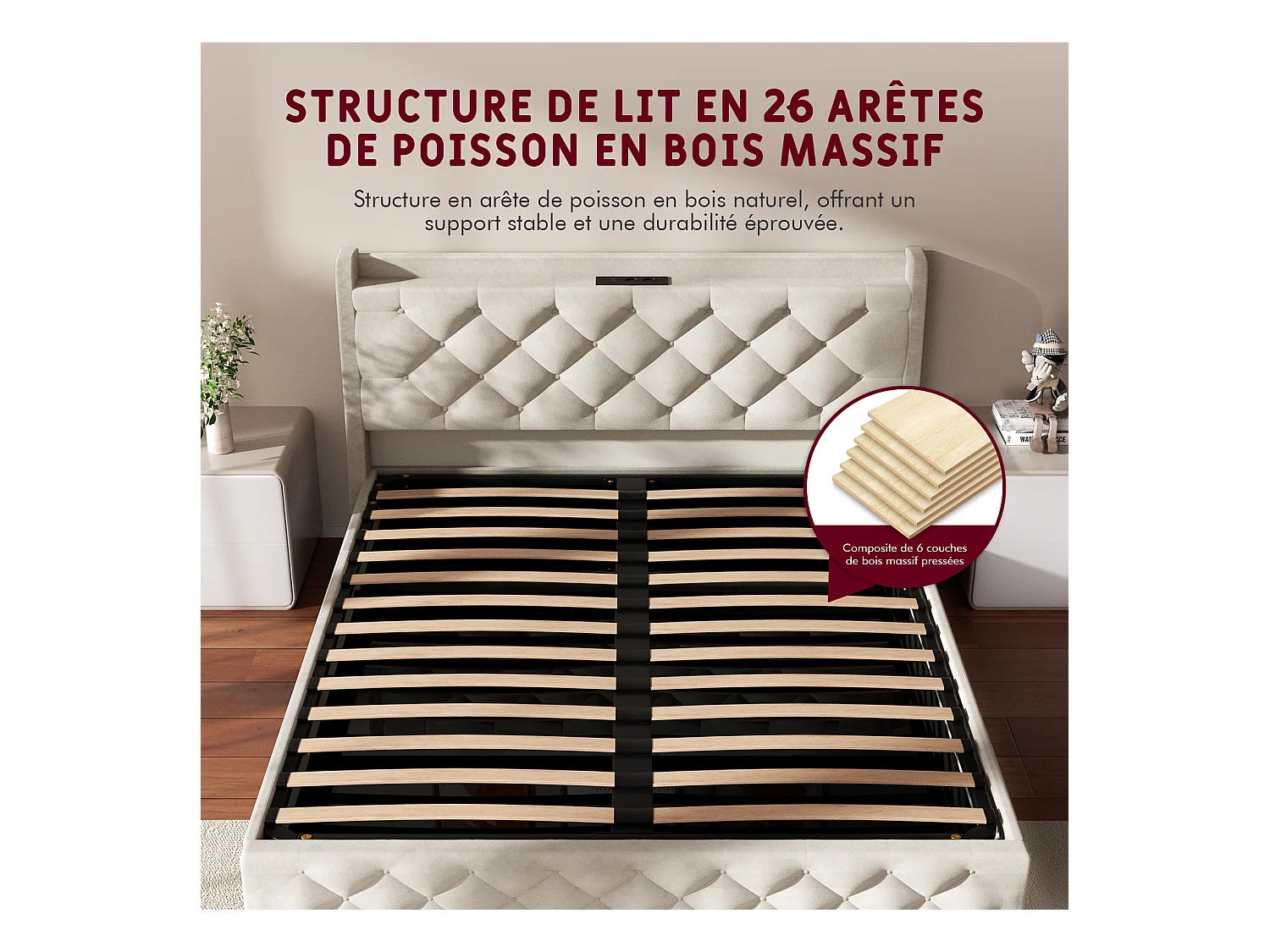 Lit 150 x 200 cm avec tête de lit capitonnée - Lit double avec tête de lit - Taupe