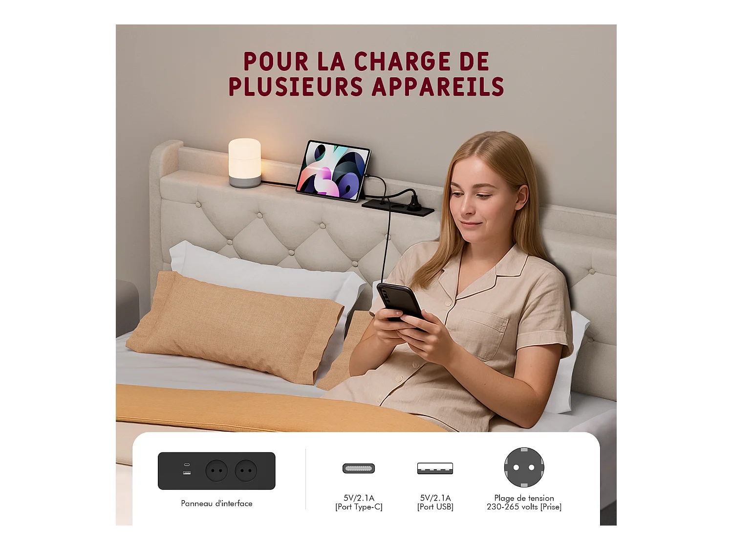 Lit 150 x 200 cm avec tête de lit capitonnée - Lit double avec tête de lit - Taupe