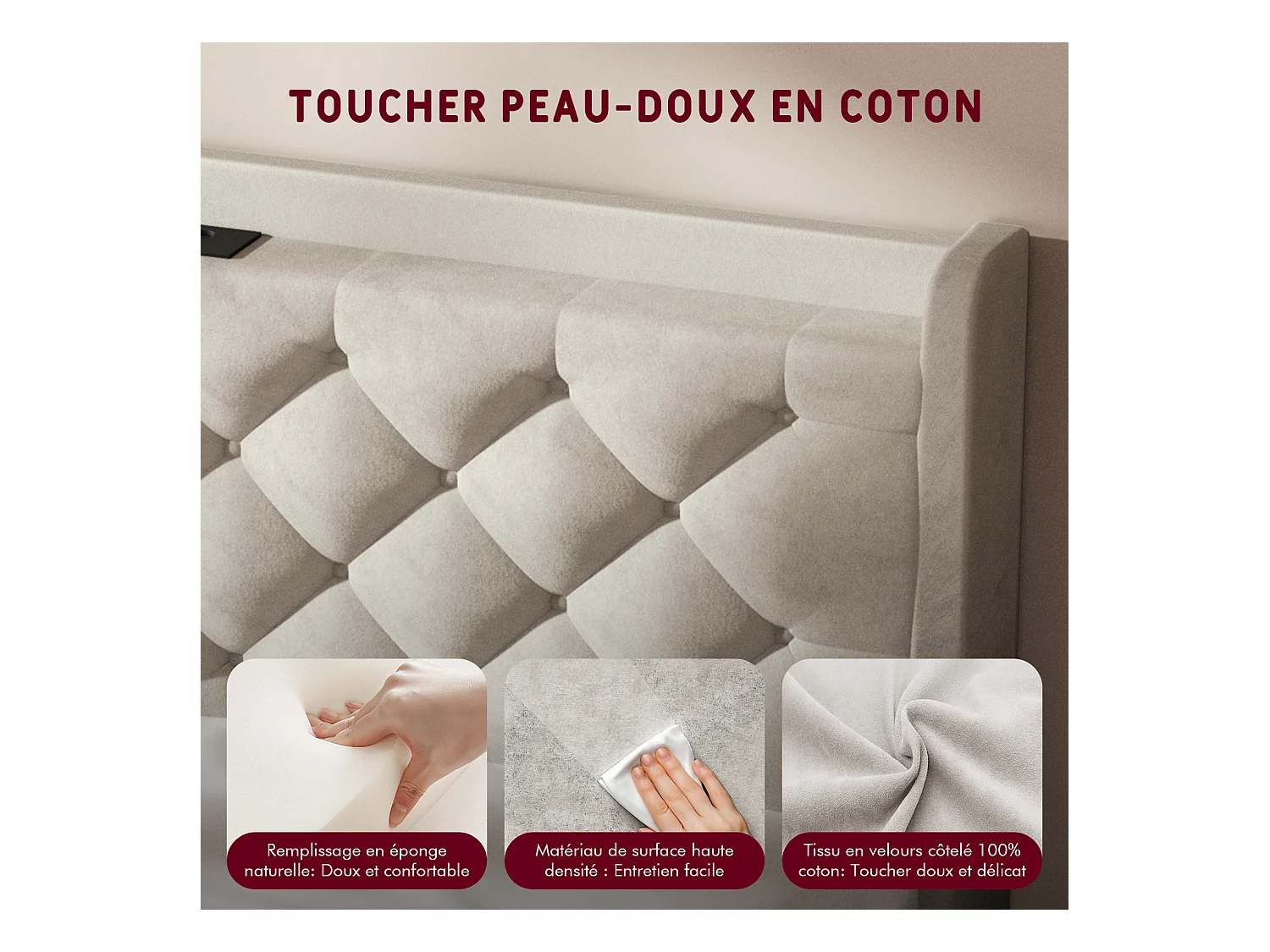 Lit 150 x 200 cm avec tête de lit capitonnée - Lit double avec tête de lit - Taupe