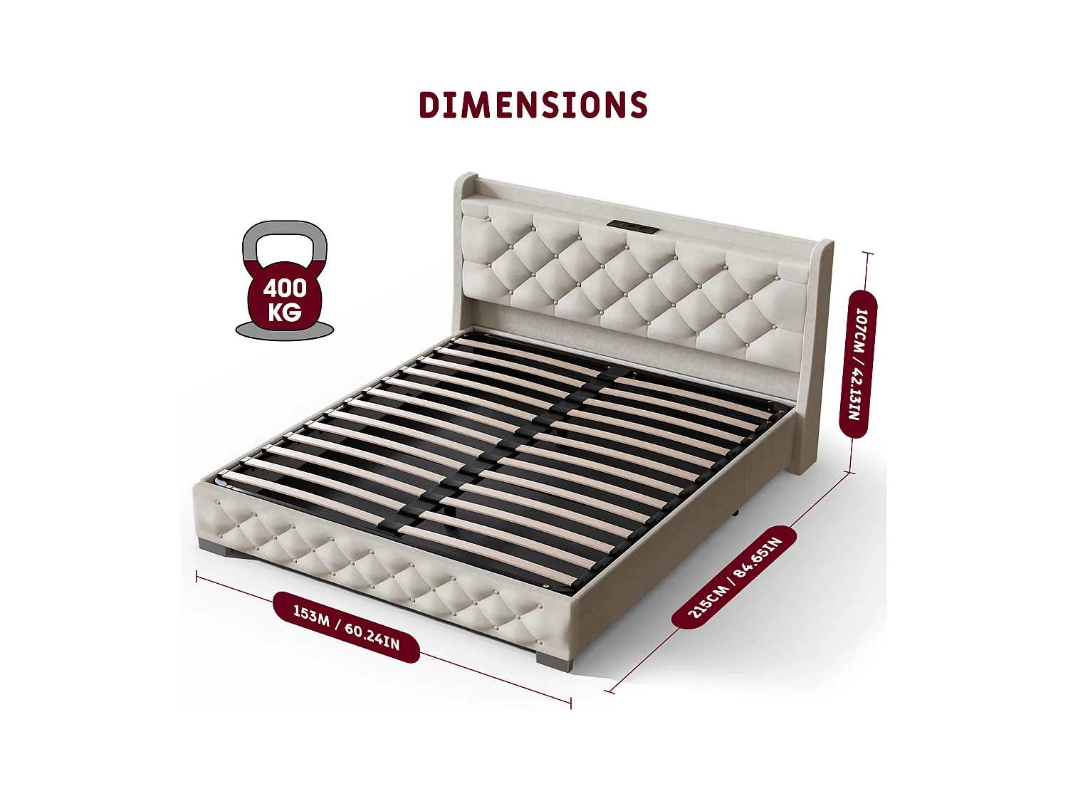 Lit 150 x 200 cm avec tête de lit capitonnée - Lit double avec tête de lit - Taupe