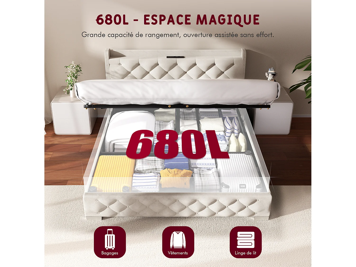 Lit 140 x 200 cm avec rangements, tête de lit avec éclairage LED, sommier à lattes - Taupe