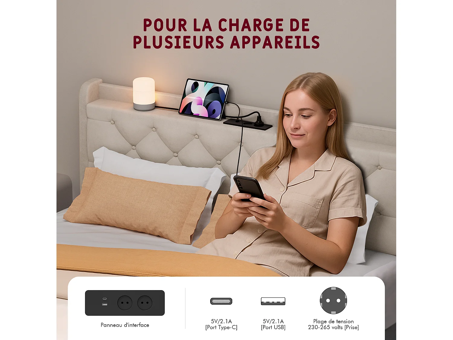 Lit 140 x 200 cm avec rangements, tête de lit avec éclairage LED, sommier à lattes - Taupe