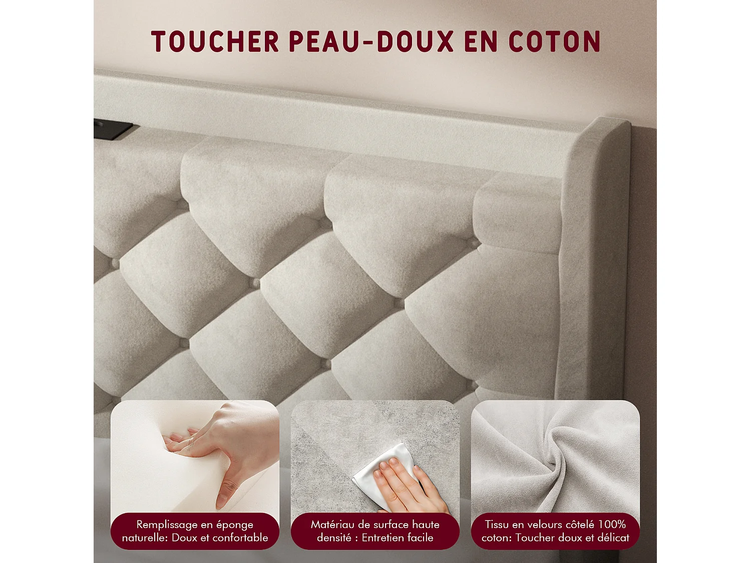 Lit 140 x 200 cm avec rangements, tête de lit avec éclairage LED, sommier à lattes - Taupe