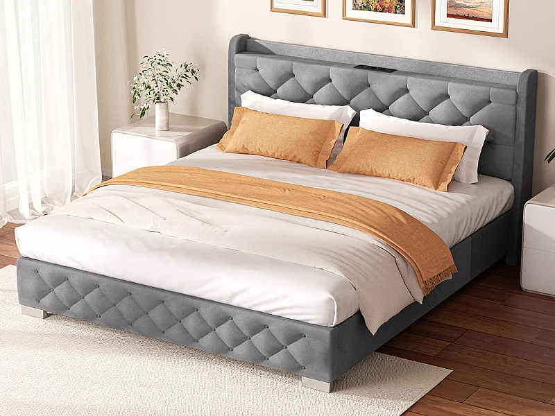 Lit 150 x 200 cm avec tête de lit capitonnée - Lit double avec tête de lit - Taupe