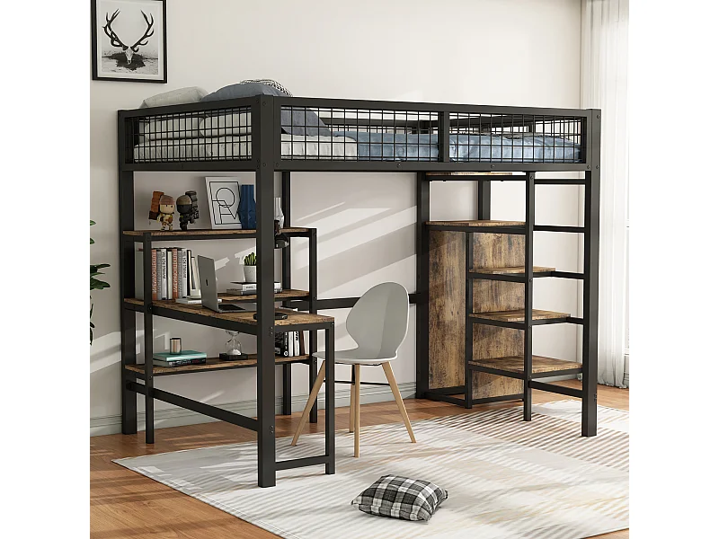 140x200 cm schwarzes Metall-Hochbett – Leiter mit Regalen, integriertem Schreibtisch und Kleiderschrank, ohne Matratze