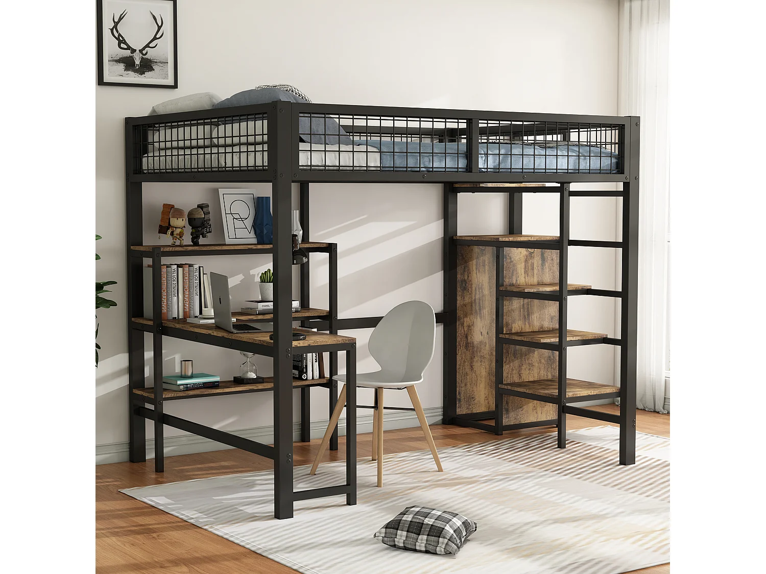 Lit mezzanine 140x200 cm en métal noir – Échelle avec étagères, bureau intégré et armoire, sans matelas