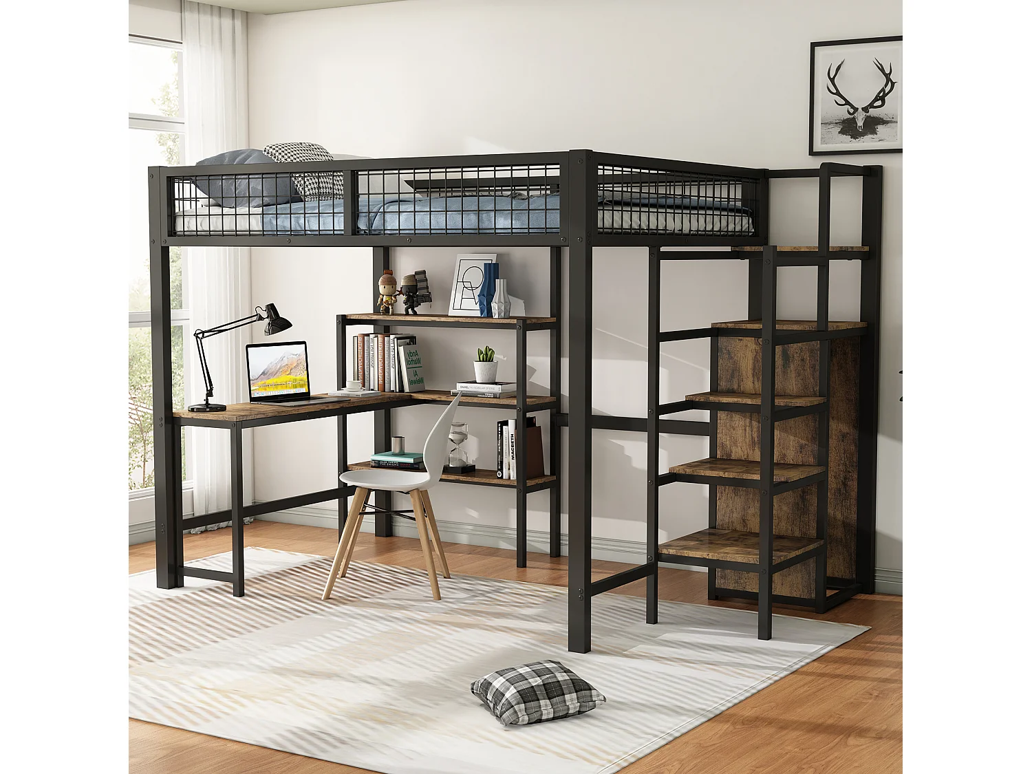 Lit mezzanine 140x200 cm en métal noir – Échelle avec étagères, bureau intégré et armoire, sans matelas