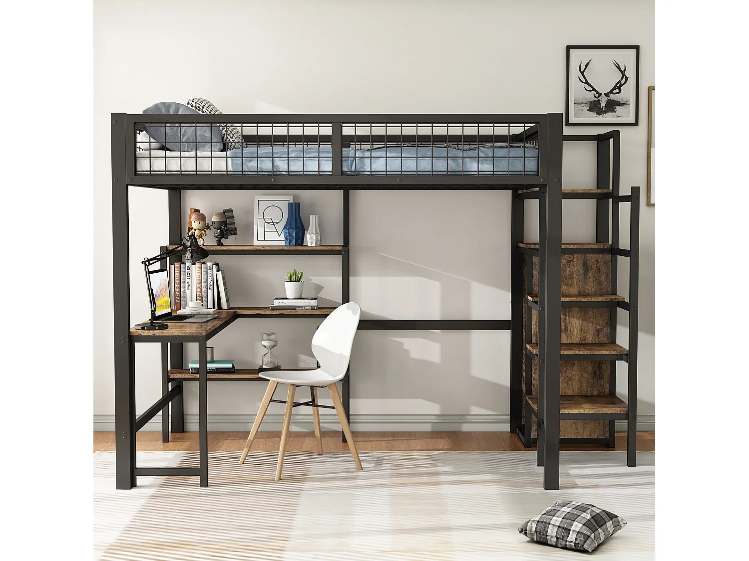 Lit mezzanine 140x200 cm en métal noir – Échelle avec étagères, bureau intégré et armoire, sans matelas