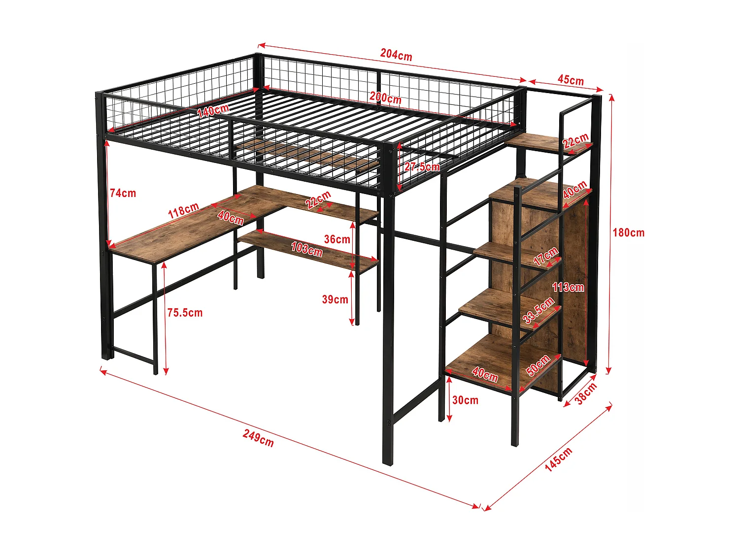 Lit mezzanine 140x200 cm en métal noir – Échelle avec étagères, bureau intégré et armoire, sans matelas