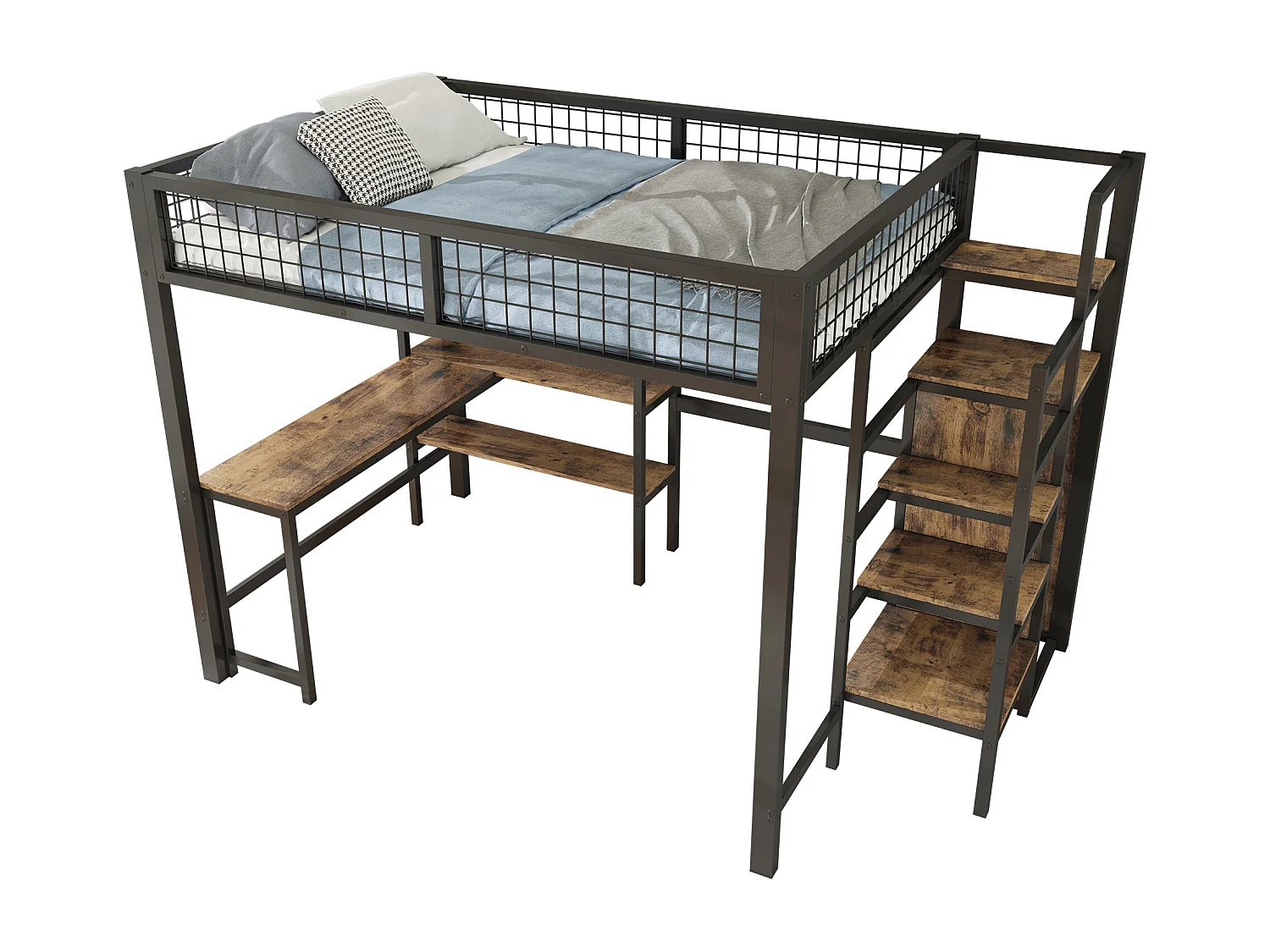 Lit mezzanine 140x200 cm en métal noir – Échelle avec étagères, bureau intégré et armoire, sans matelas