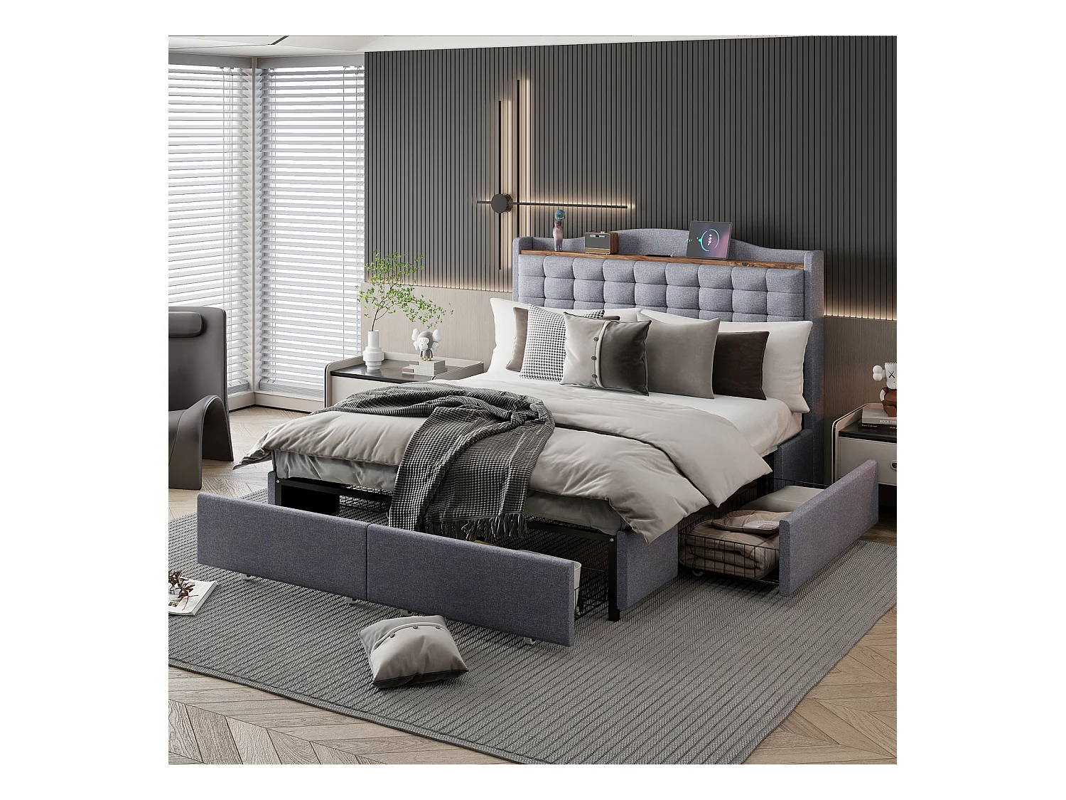 140x200 cm graues Leinenbett mit Stauraum – Doppelbett mit 4 Schubladen, integriertem USB-Nachttisch