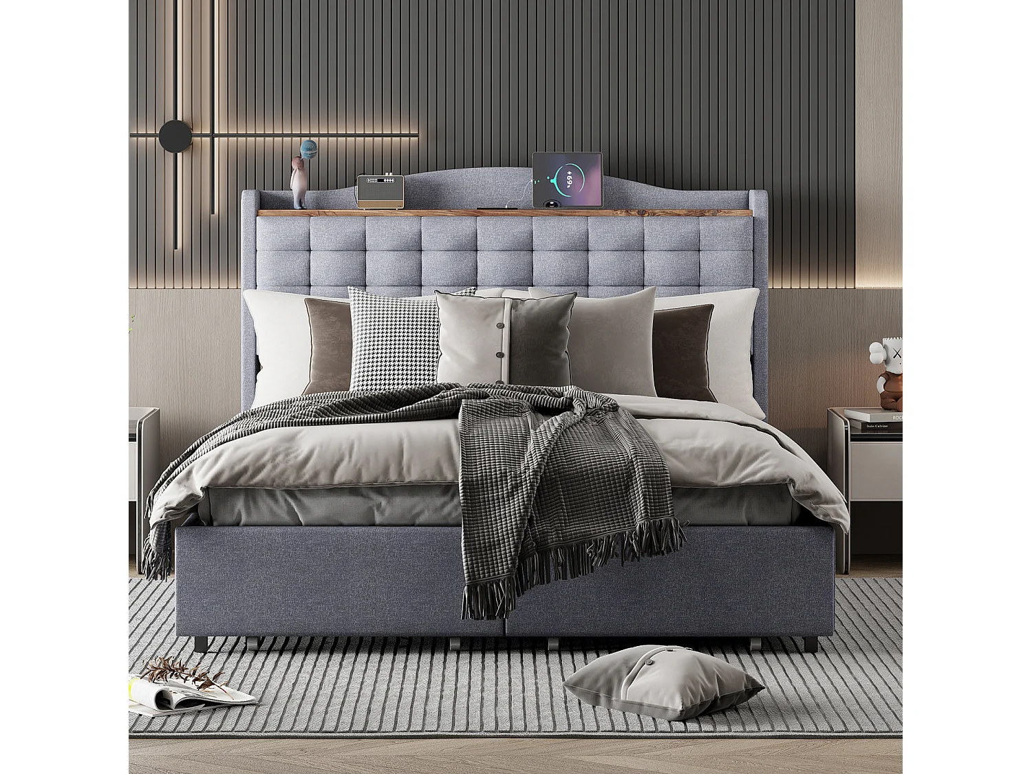 Lit coffre 140x200 cm gris en lin – Lit double avec 4 tiroirs, table de chevet USB intégrée