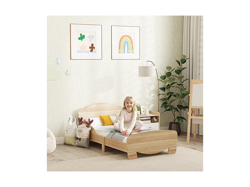 Kinderhausbett 143,5x80 cm aus naturbelassenem Massivholz - Bett mit Sicherheitsgitter und Bärenmotiv, belastbar bis 80 kg