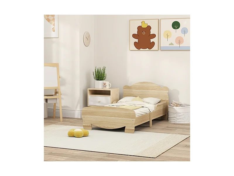 Kinderhausbett 143,5x80 cm aus naturbelassenem Massivholz - Bett mit Sicherheitsgitter und Bärenmotiv, belastbar bis 80 kg