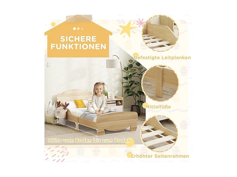 Kinderhausbett 143,5x80 cm aus naturbelassenem Massivholz - Bett mit Sicherheitsgitter und Bärenmotiv, belastbar bis 80 kg