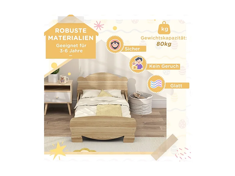 Kinderhausbett 143,5x80 cm aus naturbelassenem Massivholz - Bett mit Sicherheitsgitter und Bärenmotiv, belastbar bis 80 kg