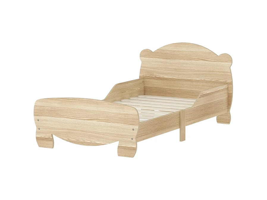 Kinderhausbett 143,5x80 cm aus naturbelassenem Massivholz - Bett mit Sicherheitsgitter und Bärenmotiv, belastbar bis 80 kg