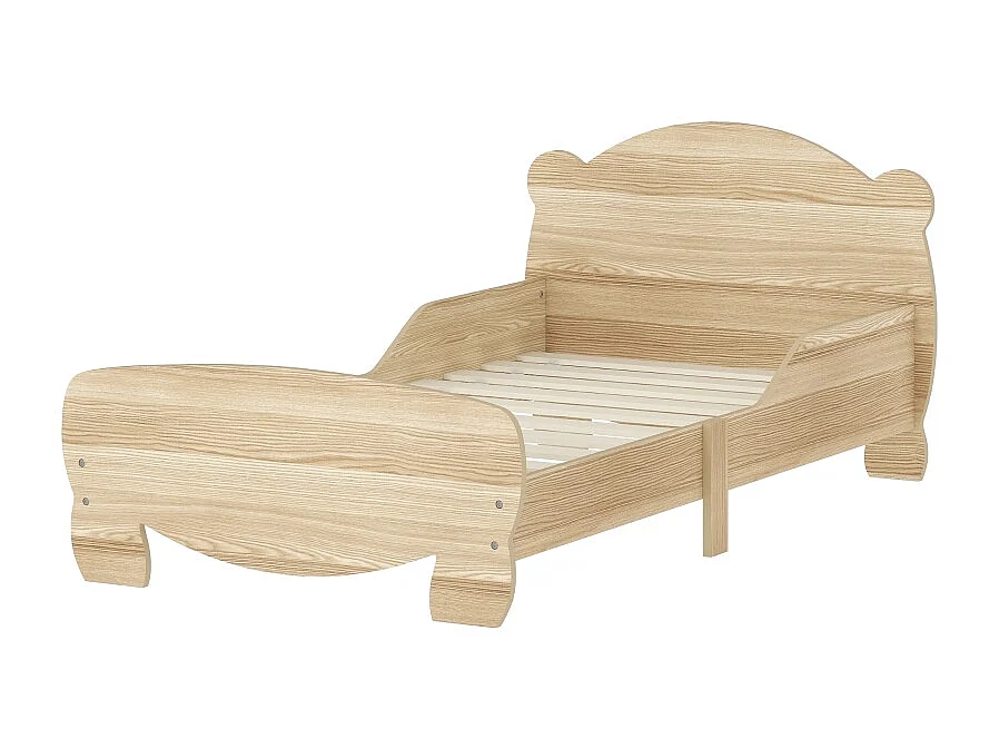 Kinderhausbett 143,5x80 cm aus naturbelassenem Massivholz - Bett mit Sicherheitsgitter und Bärenmotiv, belastbar bis 80 kg