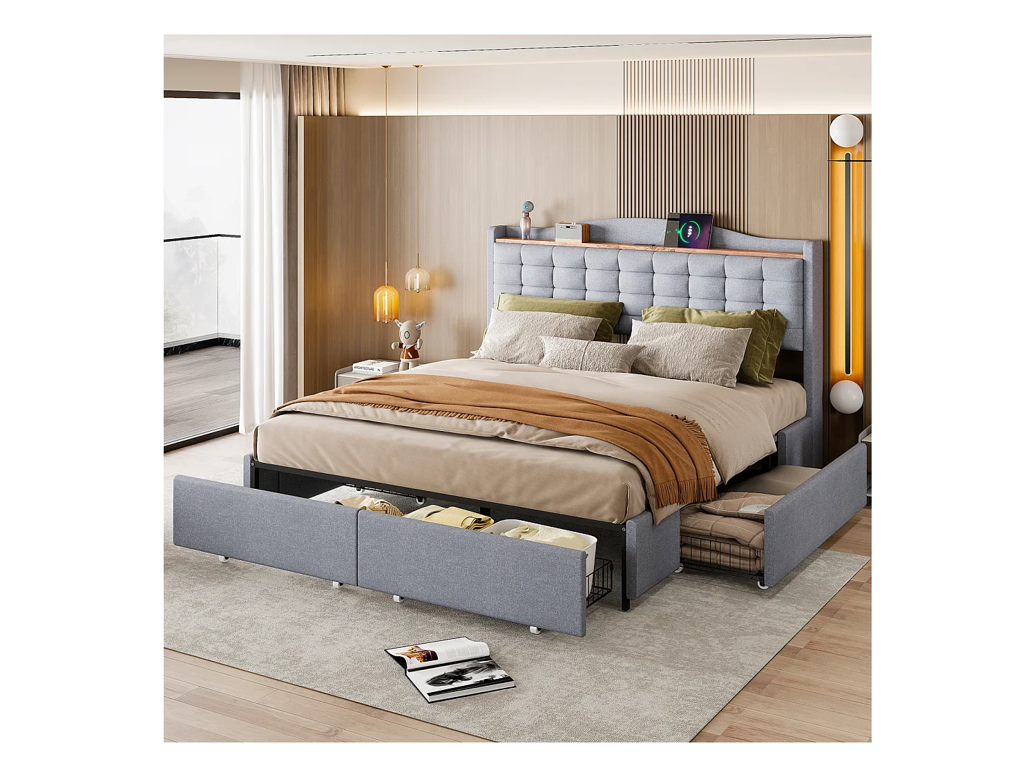 160x200 cm graues Leinenbett mit Stauraum – Doppelbett mit 4 Schubladen und integriertem USB-Nachttisch