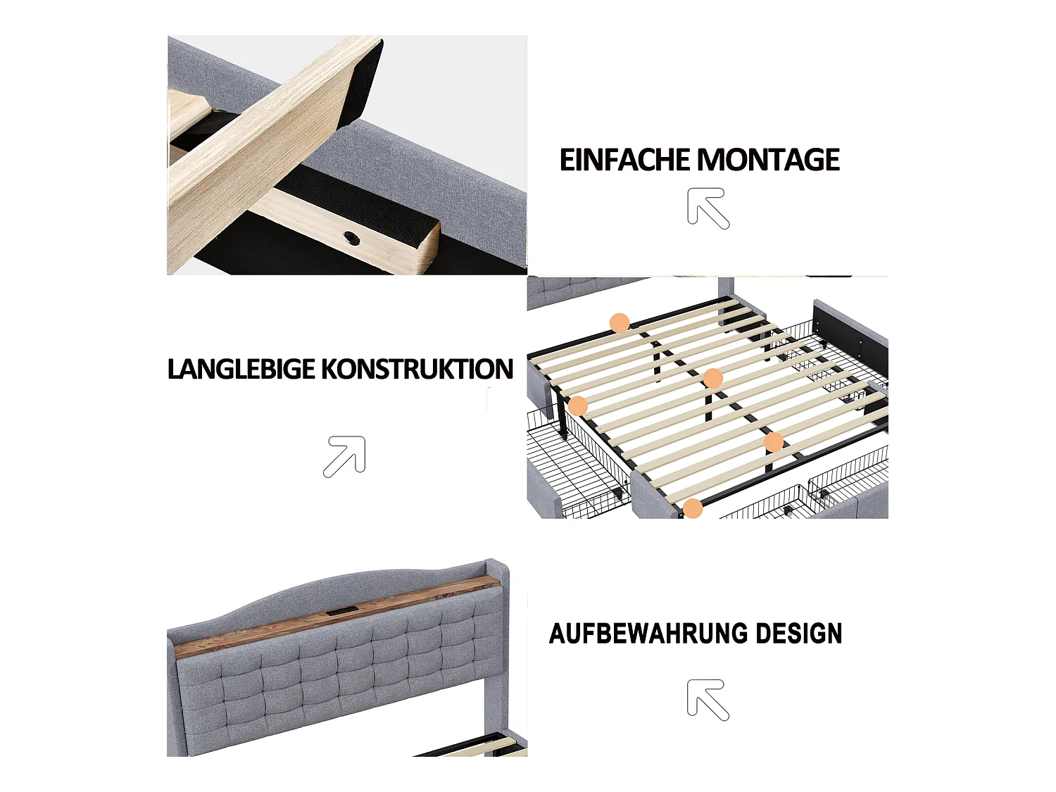160x200 cm graues Leinenbett mit Stauraum – Doppelbett mit 4 Schubladen und integriertem USB-Nachttisch