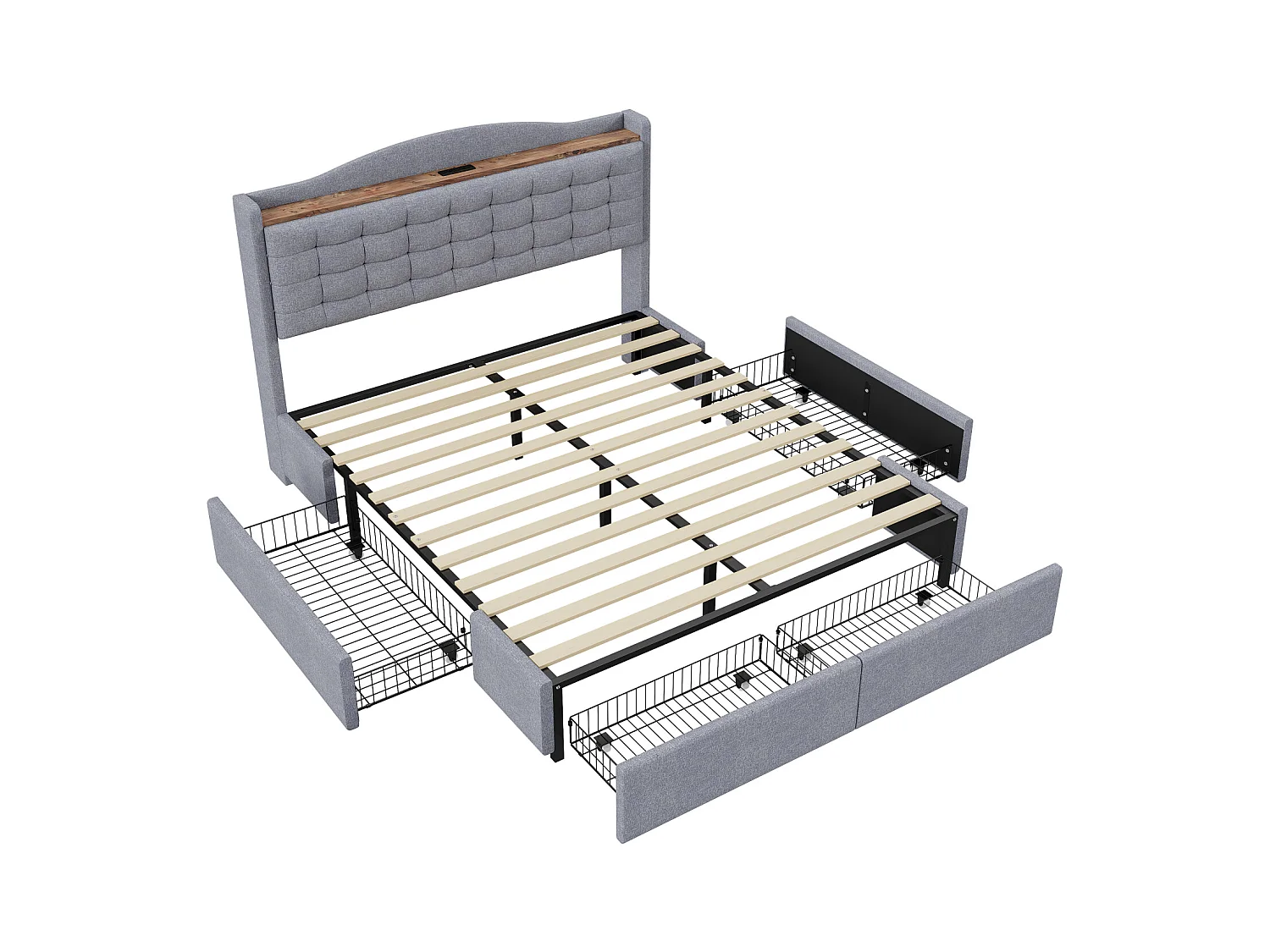 160x200 cm graues Leinenbett mit Stauraum – Doppelbett mit 4 Schubladen und integriertem USB-Nachttisch