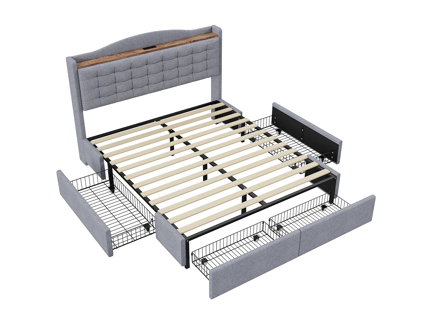 Cama de casal com 4 gavetas e mesa de cabeceira USB integrada, 160x200 cm, em linho cinzento