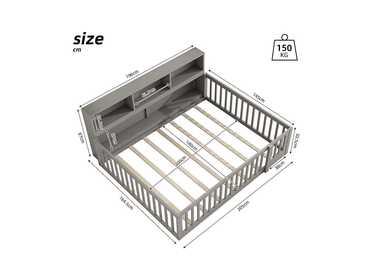 140x200 cm grijs grenen slaapbank – Slaapbank met zij-opbergruimte en onderstel, zonder matras