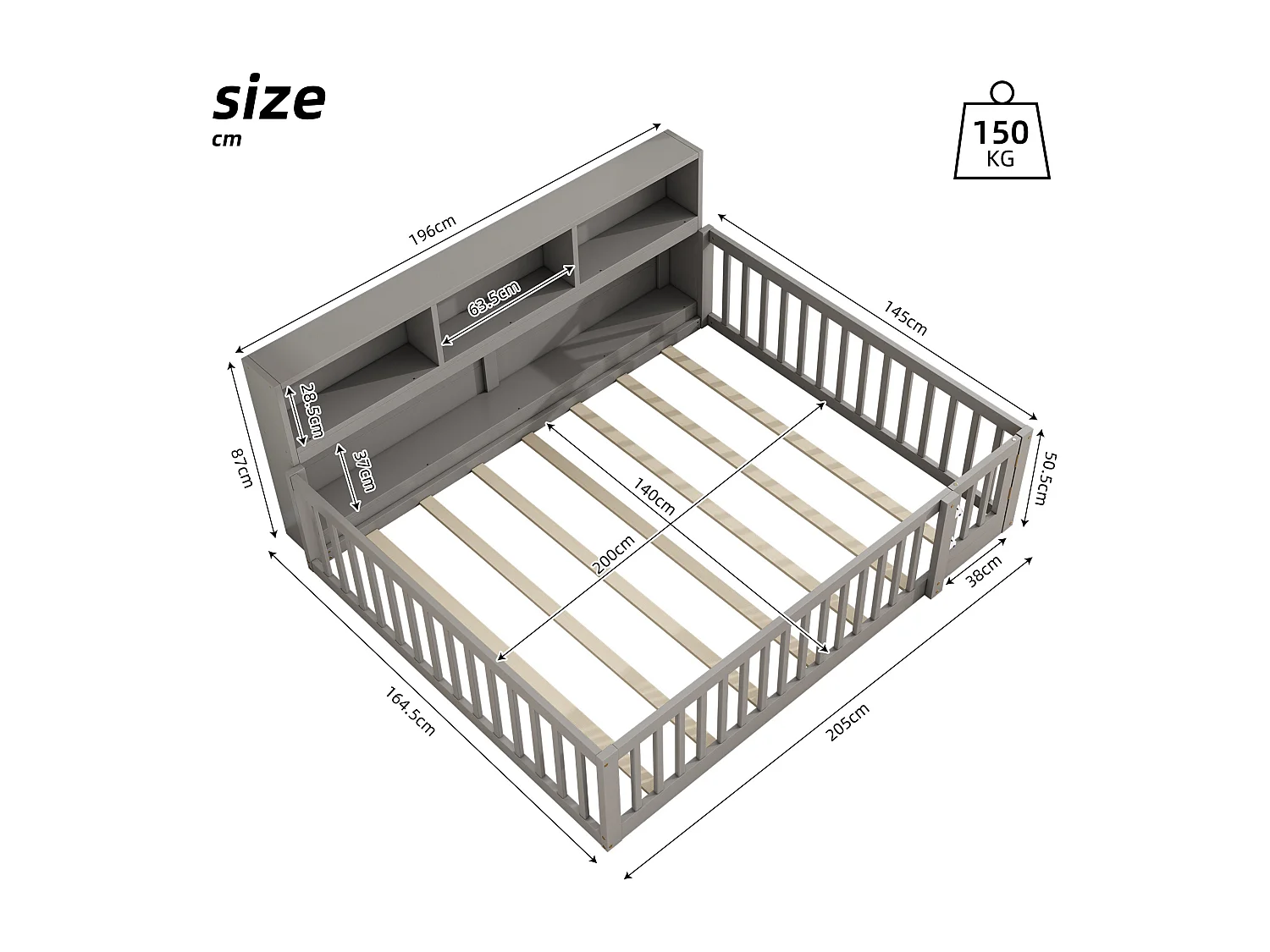 140x200 cm grijs grenen slaapbank – Slaapbank met zij-opbergruimte en onderstel, zonder matras