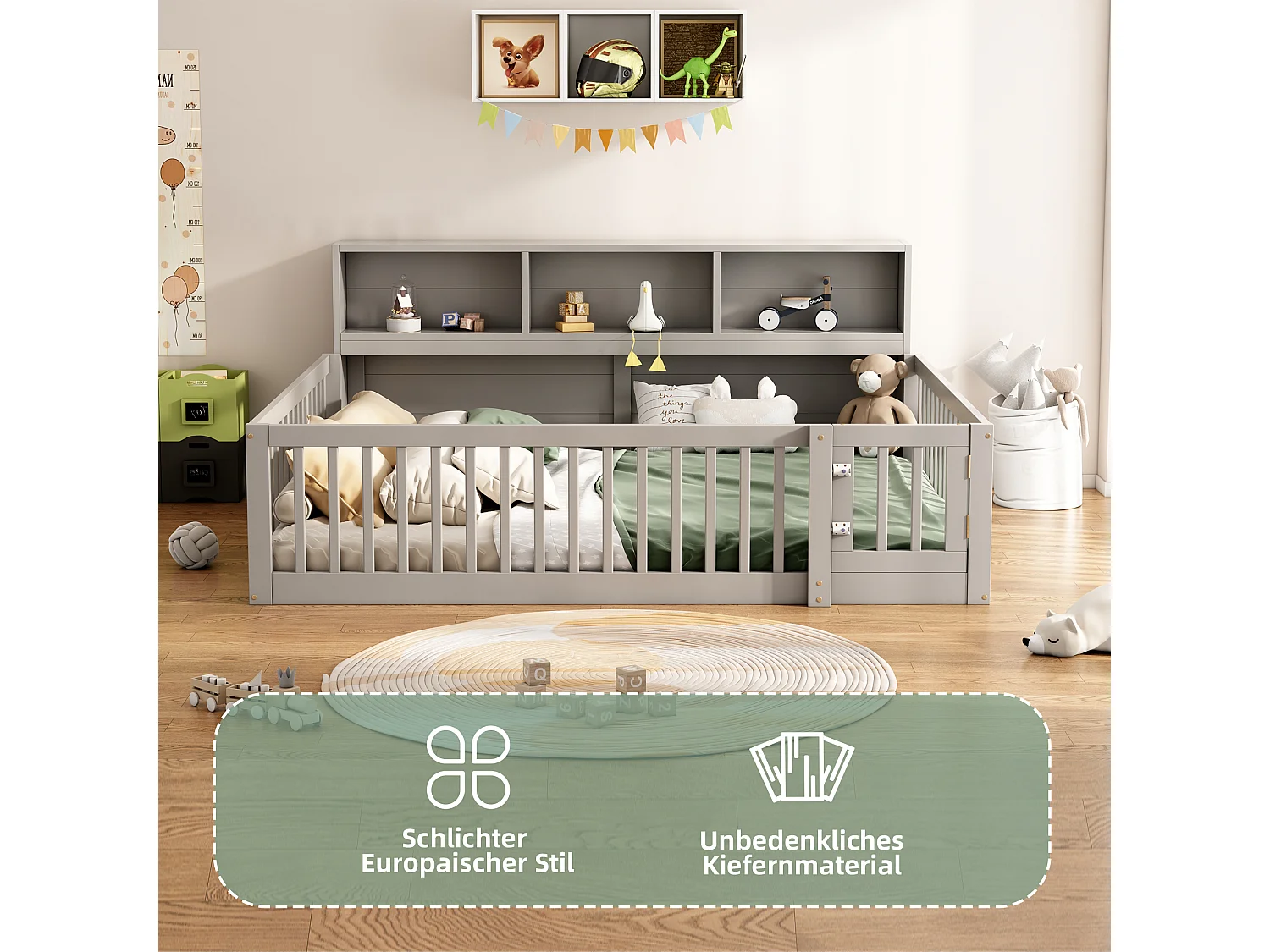 140x200 cm grijs grenen slaapbank – Slaapbank met zij-opbergruimte en onderstel, zonder matras