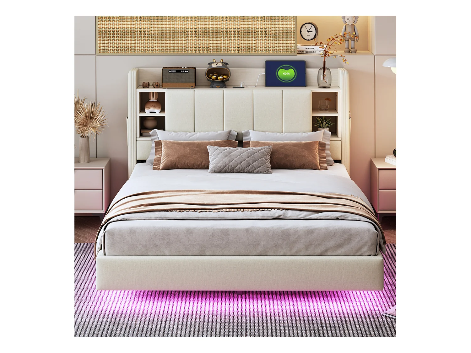 140x200 cm beiges Leinenbett mit Stauraum, USB-Anschluss, LED-Beleuchtung, wendbares Kopfteil mit Stauraum, Metallrahmen