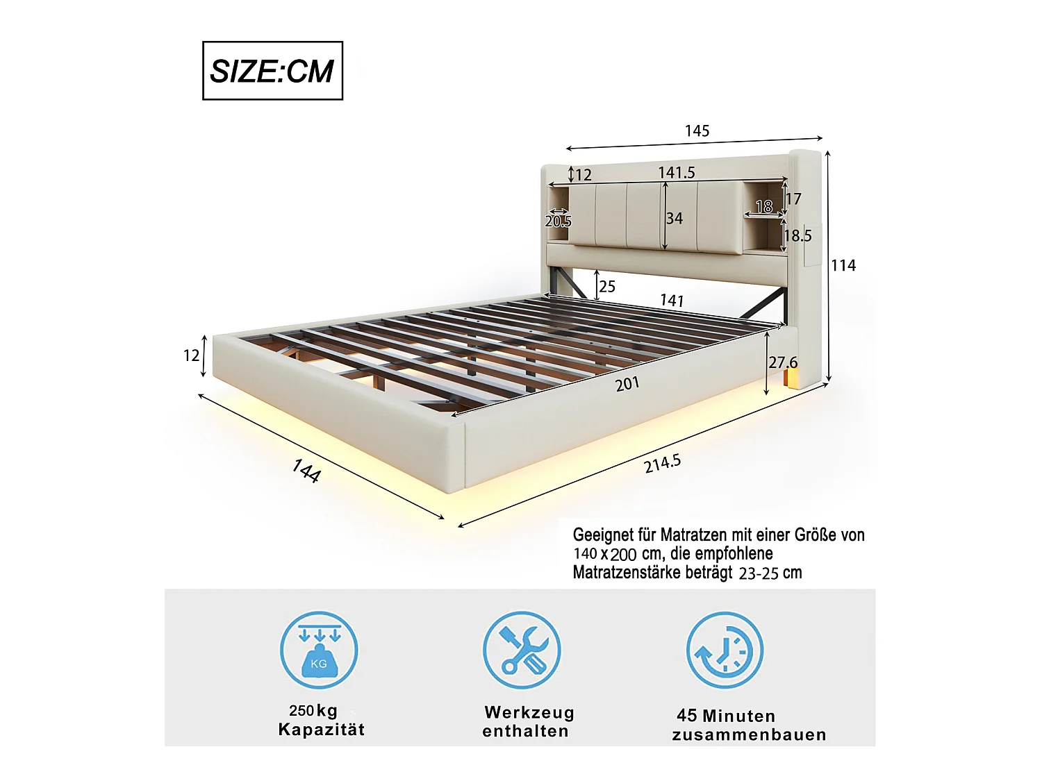 140x200 cm beiges Leinenbett mit Stauraum, USB-Anschluss, LED-Beleuchtung, wendbares Kopfteil mit Stauraum, Metallrahmen