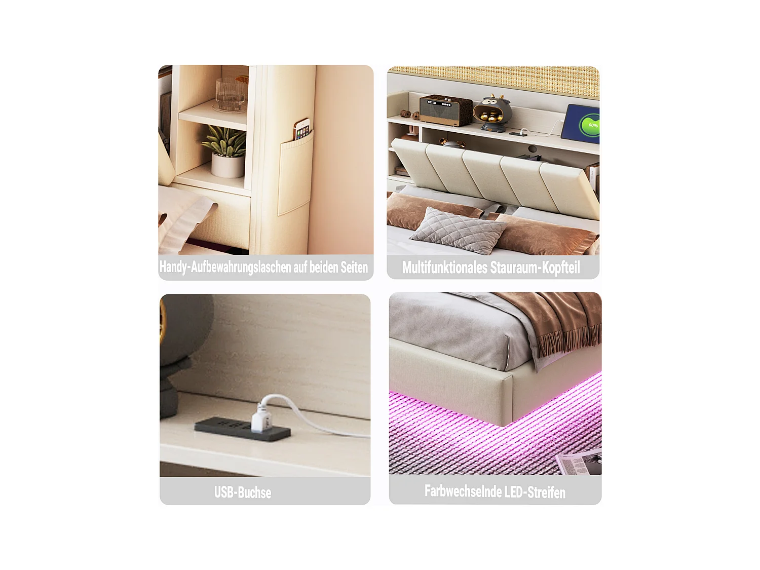 140x200 cm beiges Leinenbett mit Stauraum, USB-Anschluss, LED-Beleuchtung, wendbares Kopfteil mit Stauraum, Metallrahmen