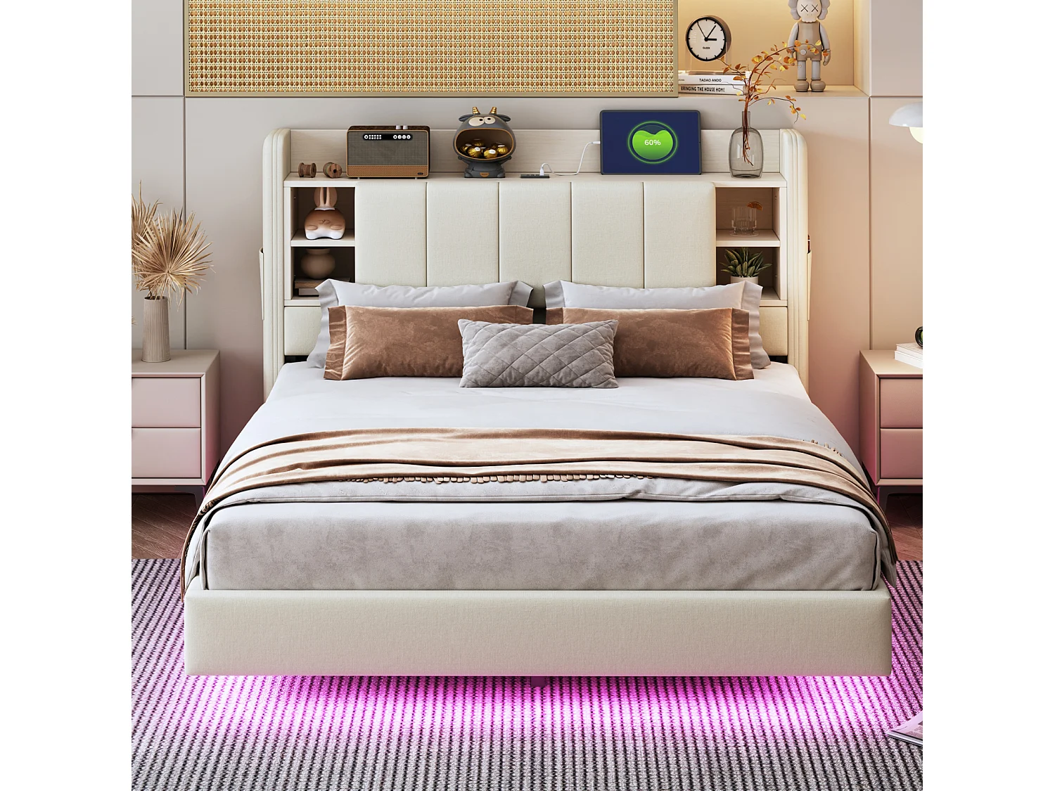 Cama com arrumação em linho bege 140x200 cm, porta USB, iluminação LED, cabeceira reversível com arrumação, estrutura metálica