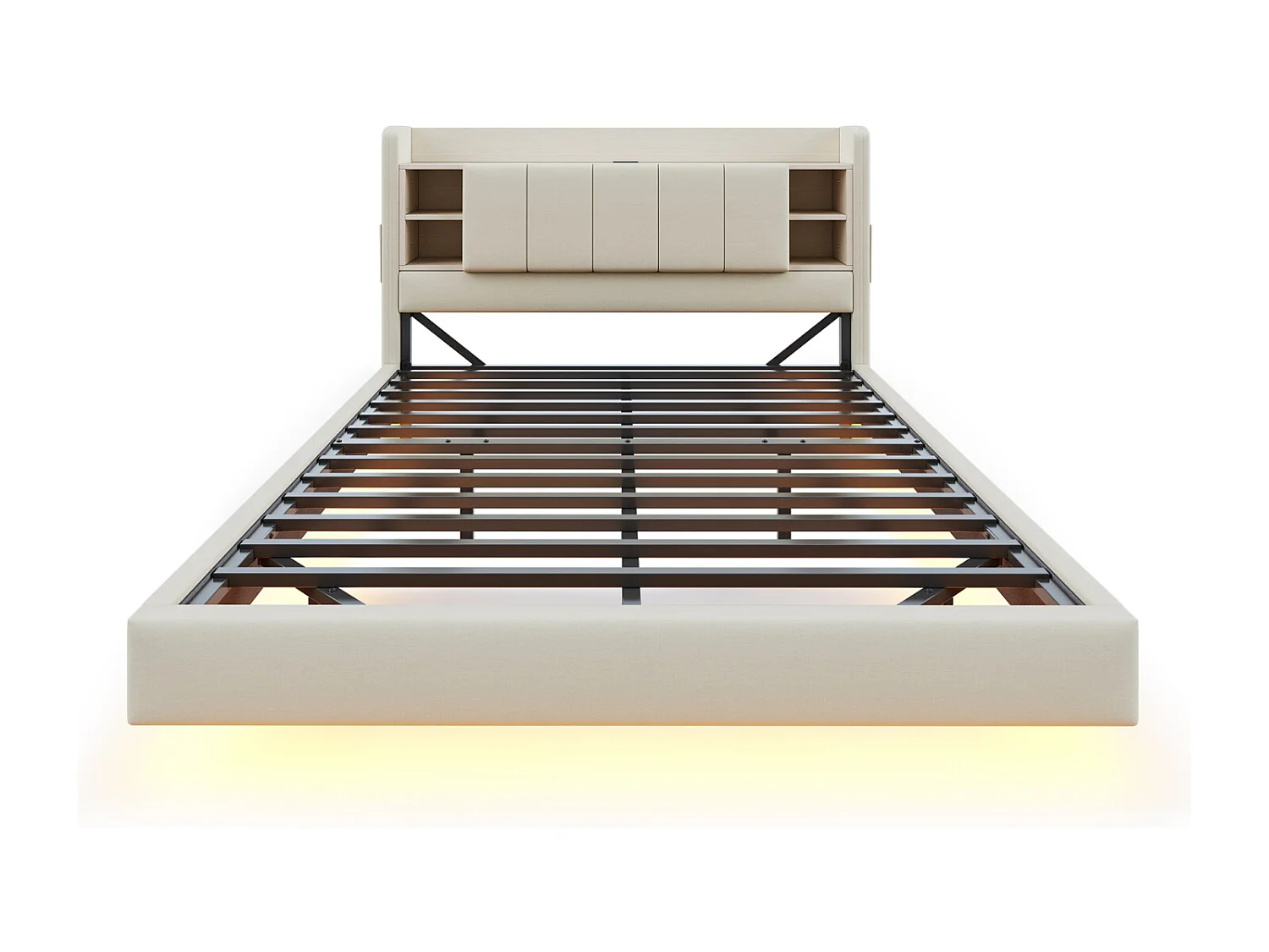 Cama com arrumação em linho bege 140x200 cm, porta USB, iluminação LED, cabeceira reversível com arrumação, estrutura metálica