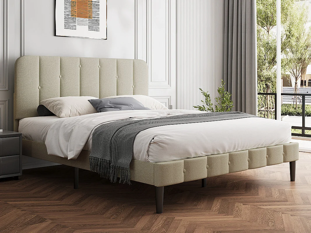 Lit 140 x 200 cm avec tête de lit capitonnée - Lit double avec tête de lit - Vert