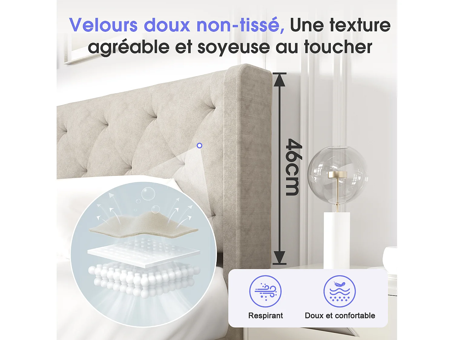 Lit 140 x 200 cm avec tête de lit capitonnée - Lit double avec tête de lit - Beige