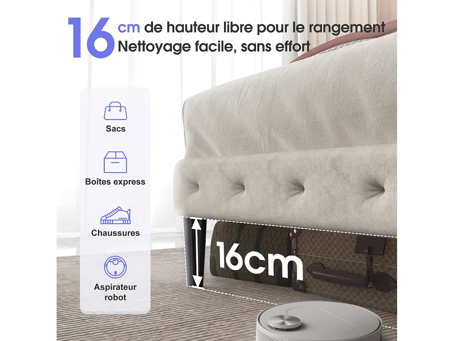 Lit 140 x 200 cm avec tête de lit capitonnée - Lit double avec tête de lit - Beige