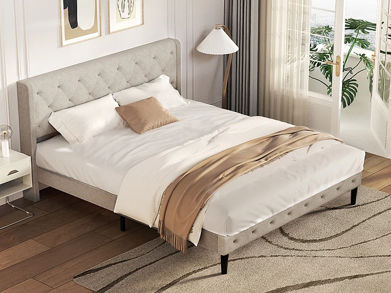 Lit 140 x 200 cm avec tête de lit capitonnée - Lit double avec tête de lit - Beige