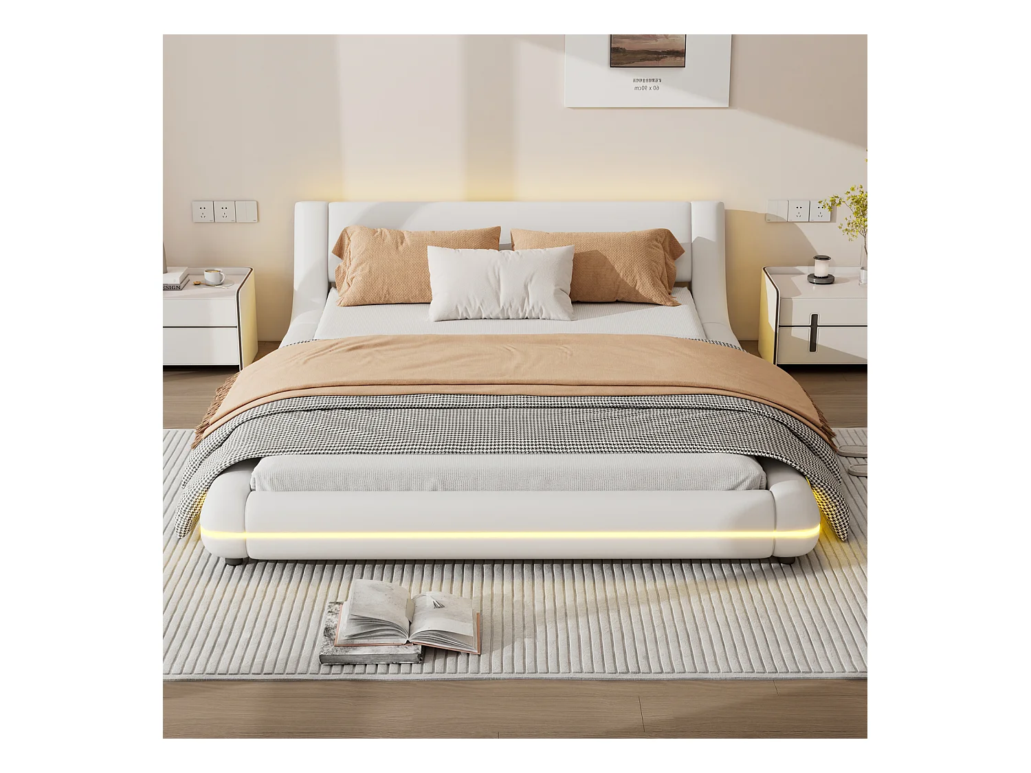 Cama baixa 140x200 cm branca em PU – Iluminação LED Mood, controle remoto de 24 botões