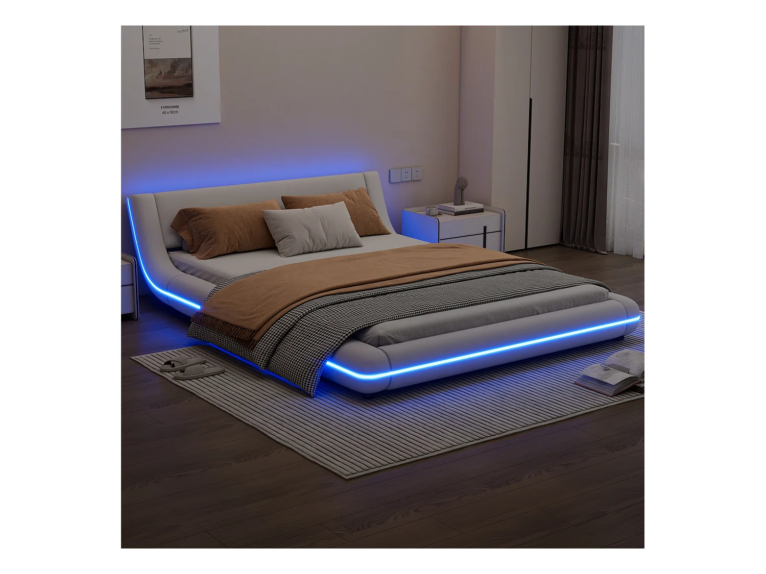 Cama baixa 140x200 cm branca em PU – Iluminação LED Mood, controle remoto de 24 botões