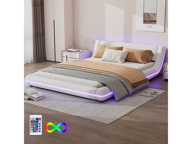 Lit bas 140x200 cm blanc en PU – Éclairage LED d’ambiance, télécommande 24 touches