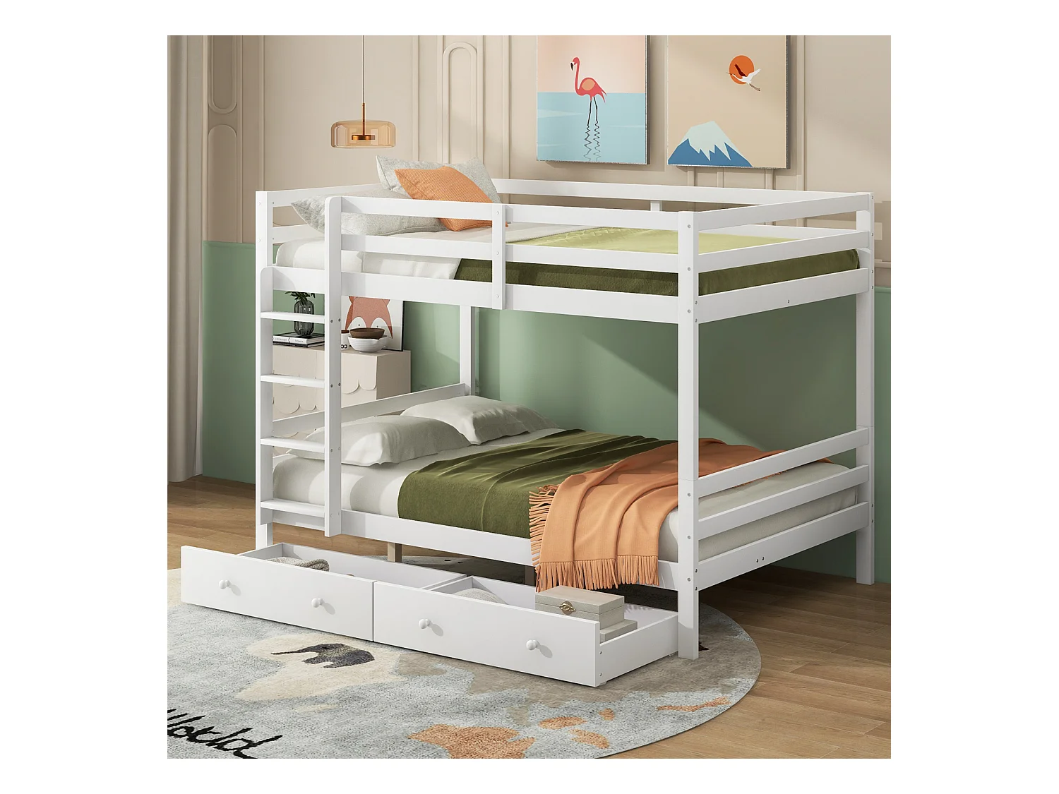 Litera infantil blanca de 140x200 cm - Con cajones, almacenaje, barandillas altas