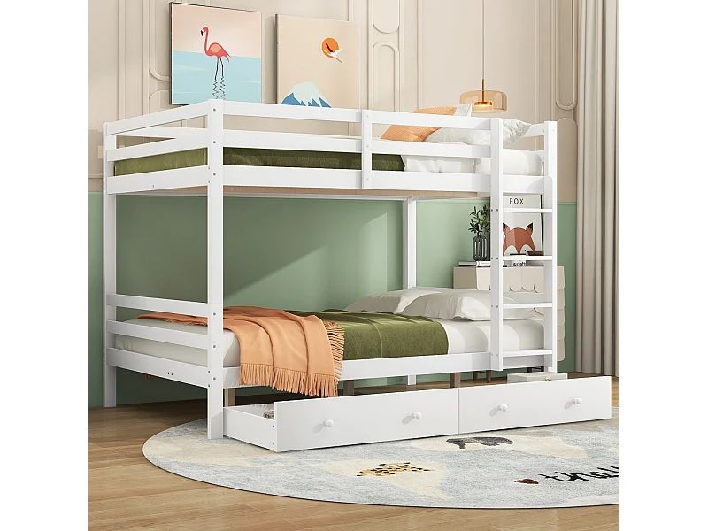 Lit superposé 140x200 cm blanc pour enfants – Avec tiroirs, rangements, barrières hautes