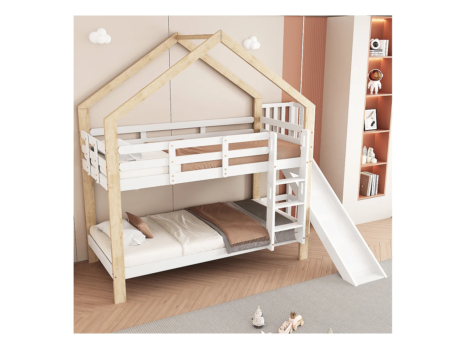 Hochbett 90x200 cm weiß/natur - Mit Rutsche, Ecktreppe, Massivholz-Sicherheitsgeländer