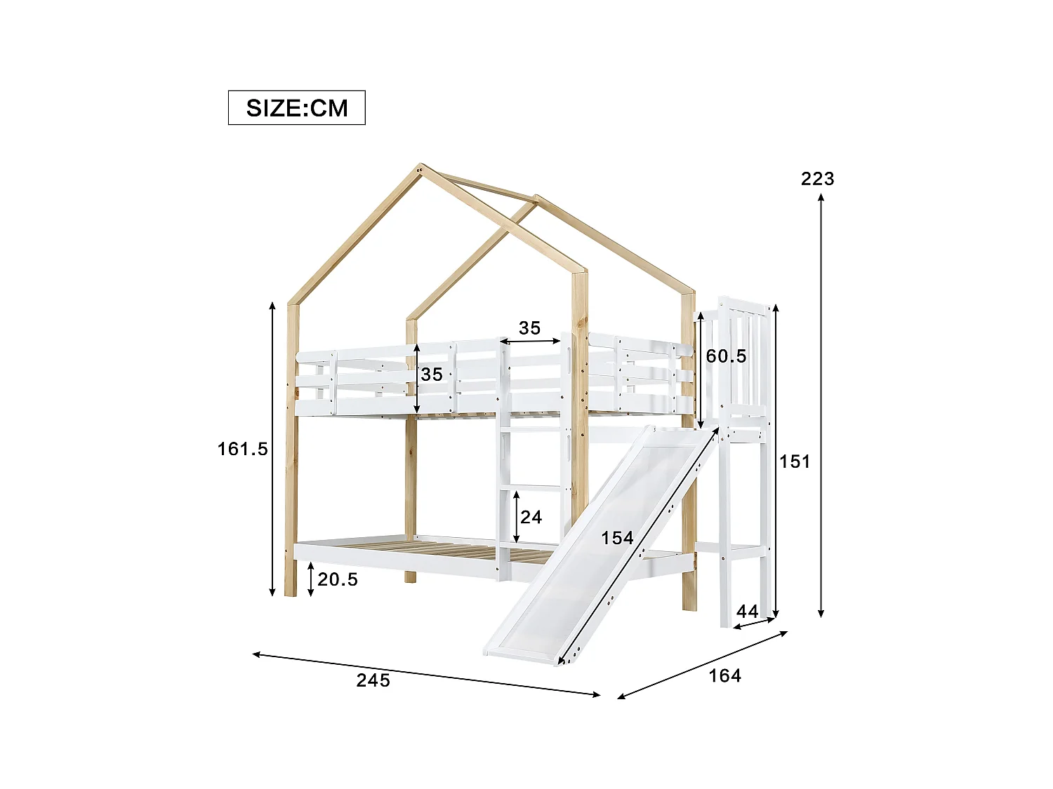 Hochbett 90x200 cm weiß/natur - Mit Rutsche, Ecktreppe, Massivholz-Sicherheitsgeländer