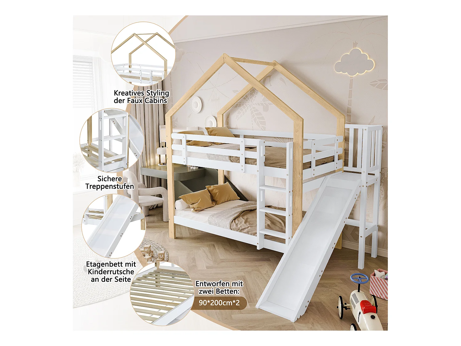 Hochbett 90x200 cm weiß/natur - Mit Rutsche, Ecktreppe, Massivholz-Sicherheitsgeländer