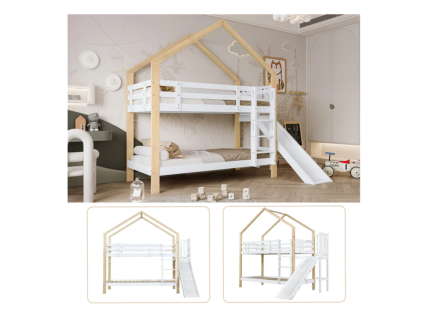 Hochbett 90x200 cm weiß/natur - Mit Rutsche, Ecktreppe, Massivholz-Sicherheitsgeländer